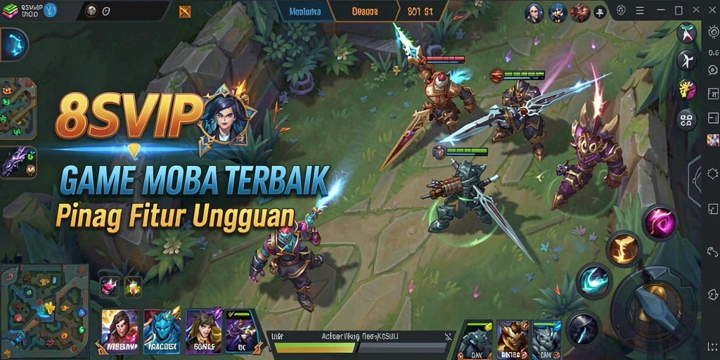 Tampilan gameplay mendebarkan dari 8SVIP di arena tempur MOBA.