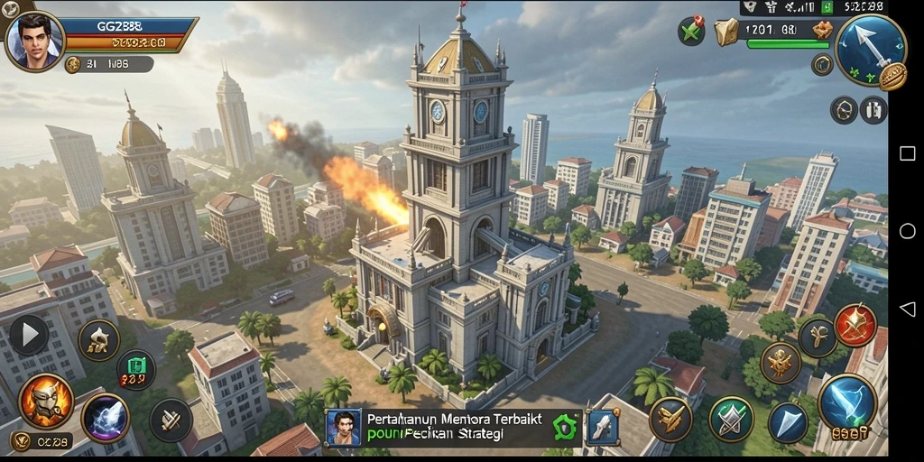 Screenshot gameplay GG288 yang menunjukkan aksi menara dan serangan musuh.