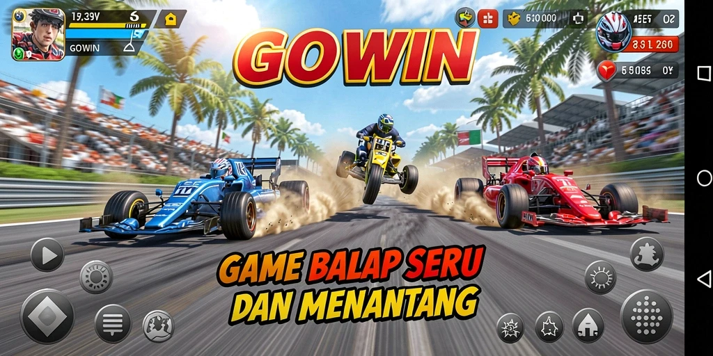 Tampilan gameplay GOWIN yang memikat dengan kendaraan cepat.