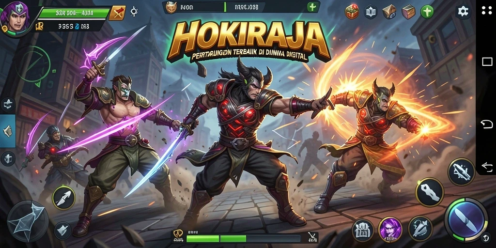 Screenshot inti HOKIRAJA menampilkan pertarungan hebat antara karakter-karakter unik.
