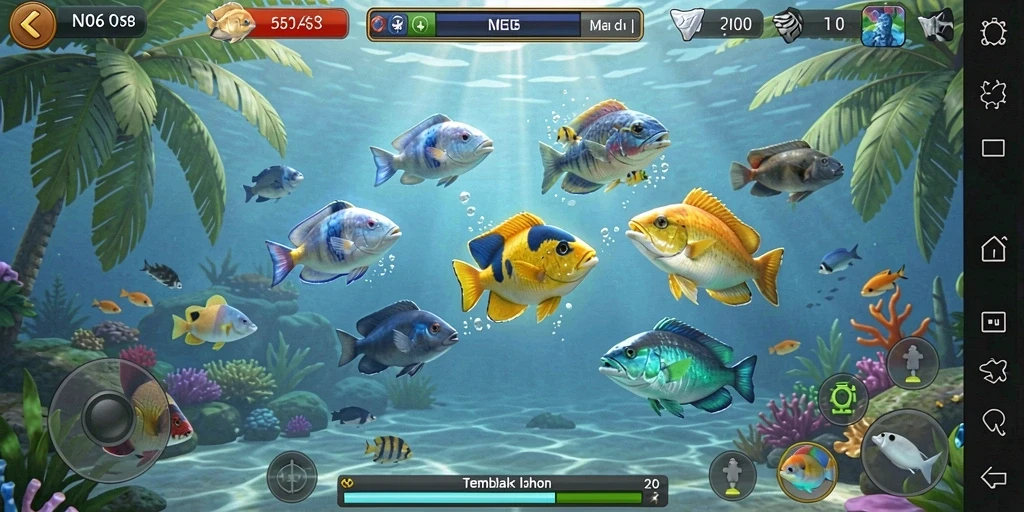 Screenshot utama N06 menunjukkan aksi menembak ikan yang seru.