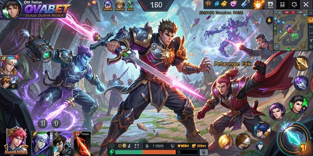 Screenshot utama menunjukkan aksi intens gameplay MOBA OVABET.