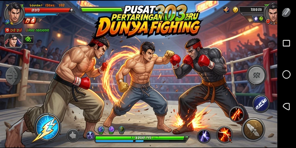 Screenshot PUSAT303 menampilkan pertarungan intens antara karakter-karakter berwarna-warni.