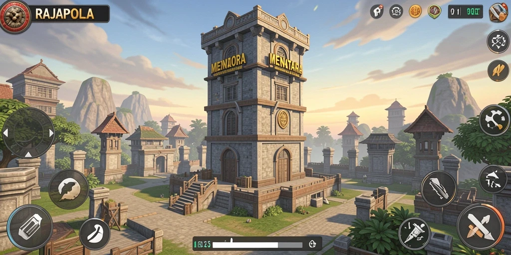 Tampilan gameplay RAJAPOLA dengan menara dan musuh yang bertempur.