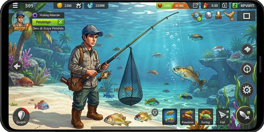 Gameplay RPVIP1 menampilkan berbagai lokasi memancing yang indah.