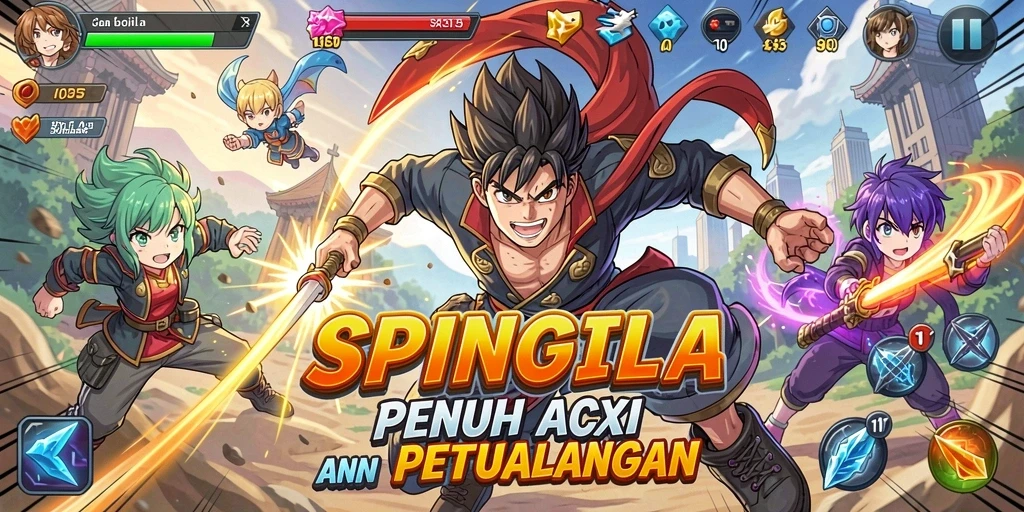 Tampilan gameplay <strong>SPINGILA</strong> yang penuh aksi dan karakter anime yang menarik.