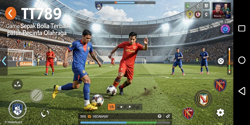 Screenshot menunjukkan aksi seru dalam gameplay sepak bola.